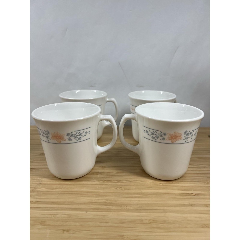 Set of 4 Corelle Corning USA Coffee Mugs Orange Floral Band – Made‎ in Taiwan